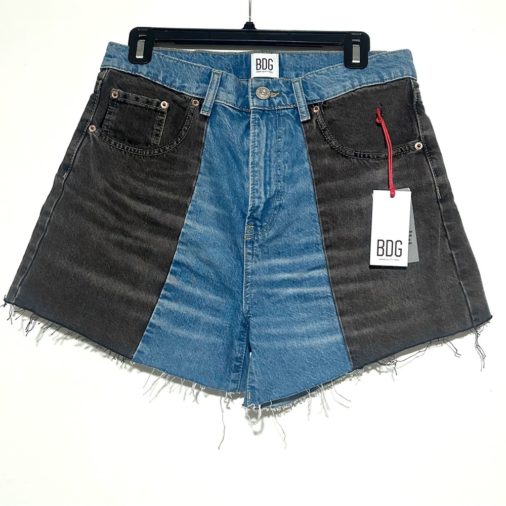 BDG Two-Tone High-Rise Denim Jean Shorts in Black and Blue Vintage Style
